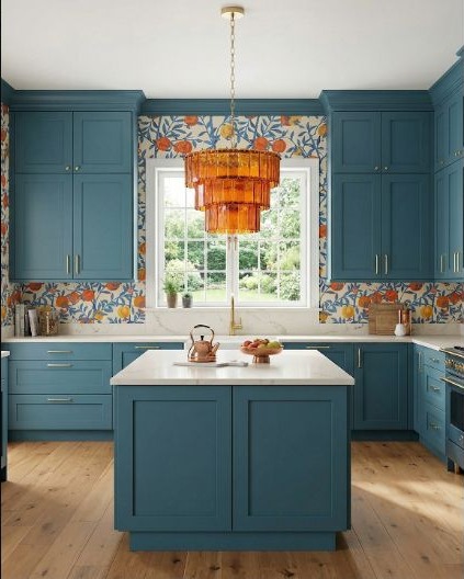 Blue-green kitchen cabinets with a bright orange pendant and lively fruit-toned pattern.