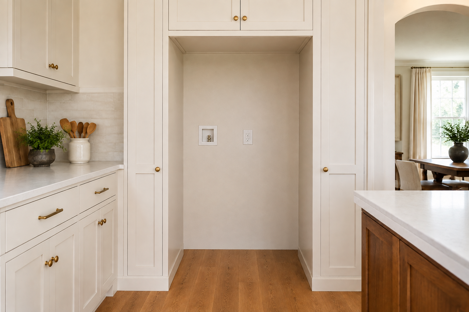 Empty refrigerator alcove with finished panels, flooring, and accessible water and electrical connection points.