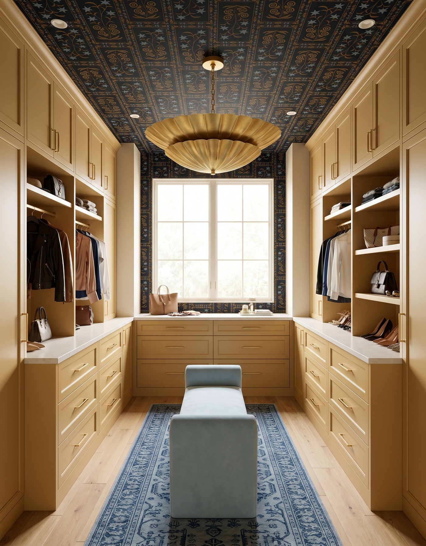 AI-created concept: Golden walk-in closet cabinetry with dark botanical ceiling wallpaper, a pale-blue bench and brass-toned pendant.