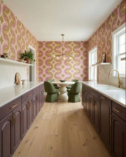 Expressive patterned kitchen walls balanced by quiet blonde wood floors.
