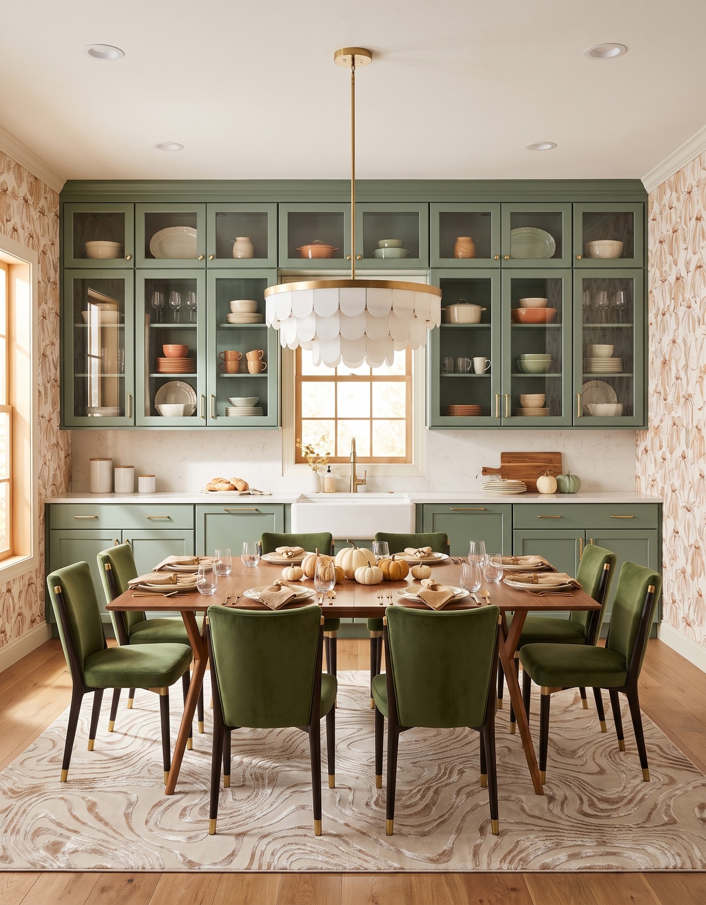 AI-created concept: Moss-green kitchen with warm botanical wallpaper, olive chairs and a wood table set with cream plates and small pumpkins.