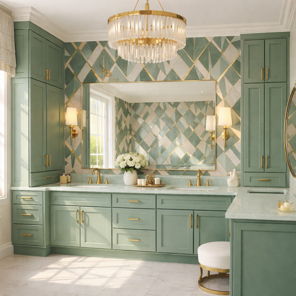 Green bathroom cabinetry framing a large cream-and-green geometric wall pattern, a wide brass mirror and a glass-drop chandelier.