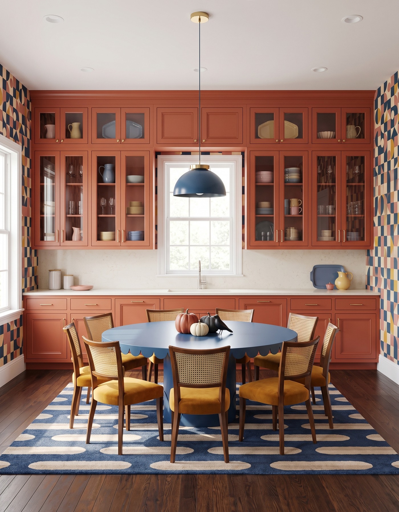 AI-created concept: Burnt-orange kitchen with geometric wallpaper, a blue scalloped table, cane-back chairs and a small Halloween centerpiece.