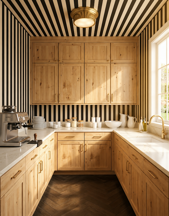 Concept image of a sunny light wood pantry with enclosed upper cabinets, a black-and-white striped ceiling, and open counter space.