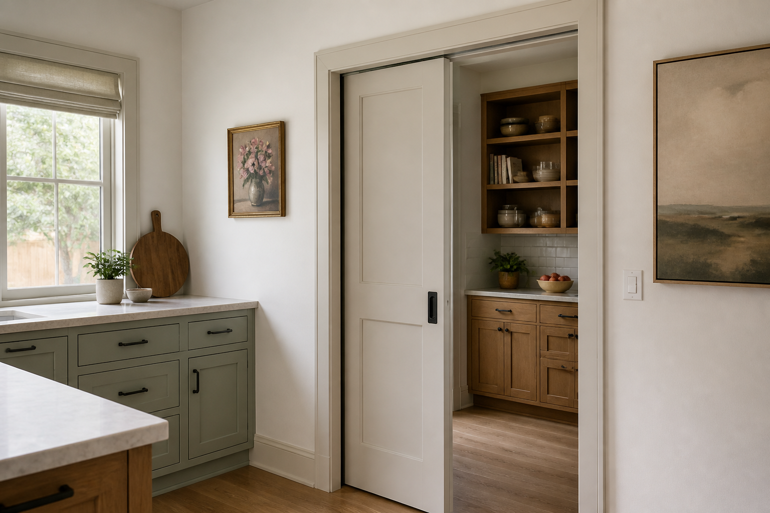 Sliding pocket-style kitchen doorway with visible track, handle, and neighboring cabinets.