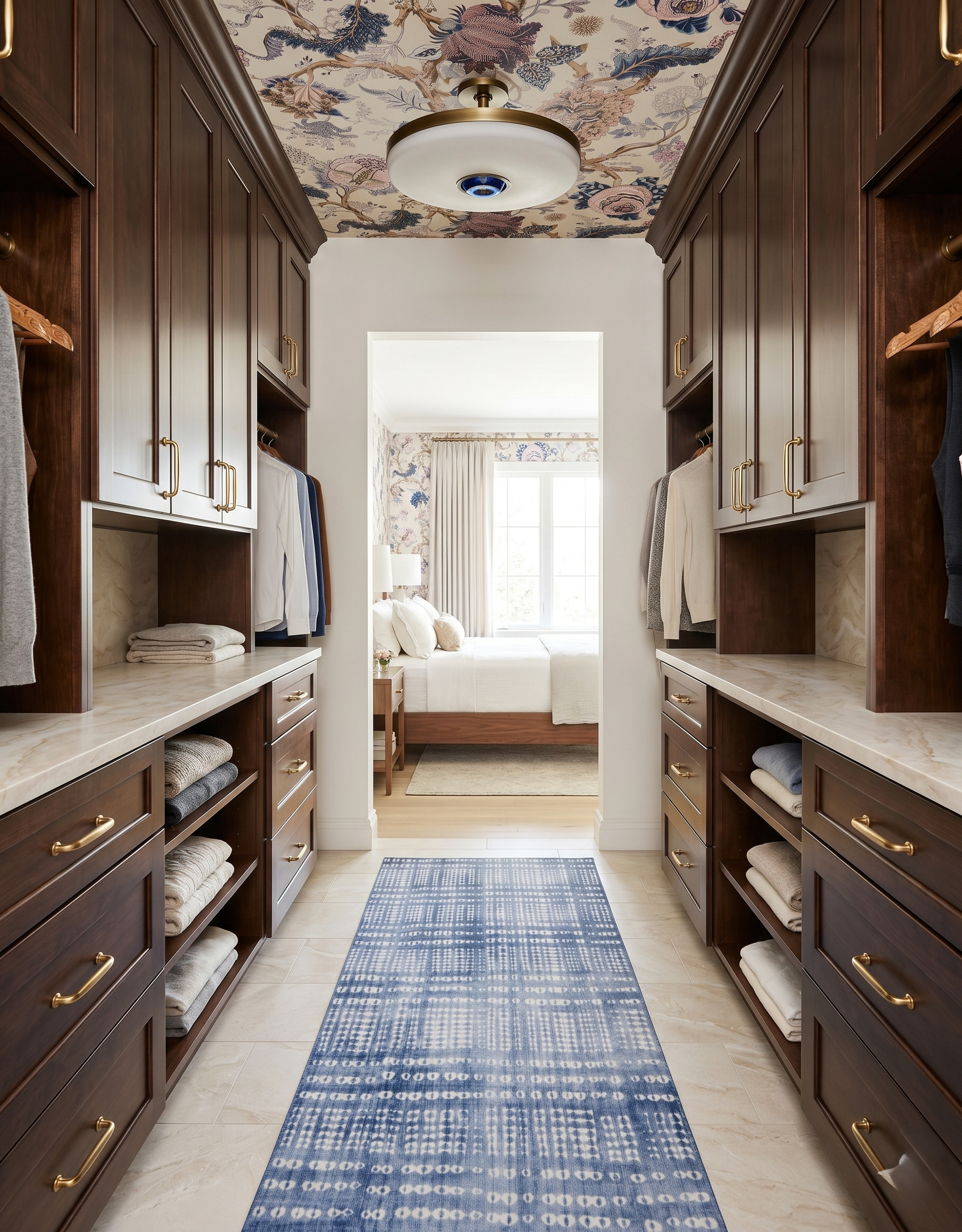Round white semi-flush ceiling light with a brass rim and blue center detail above dark wood closet cabinets, floral wallpaper and a blue runner.