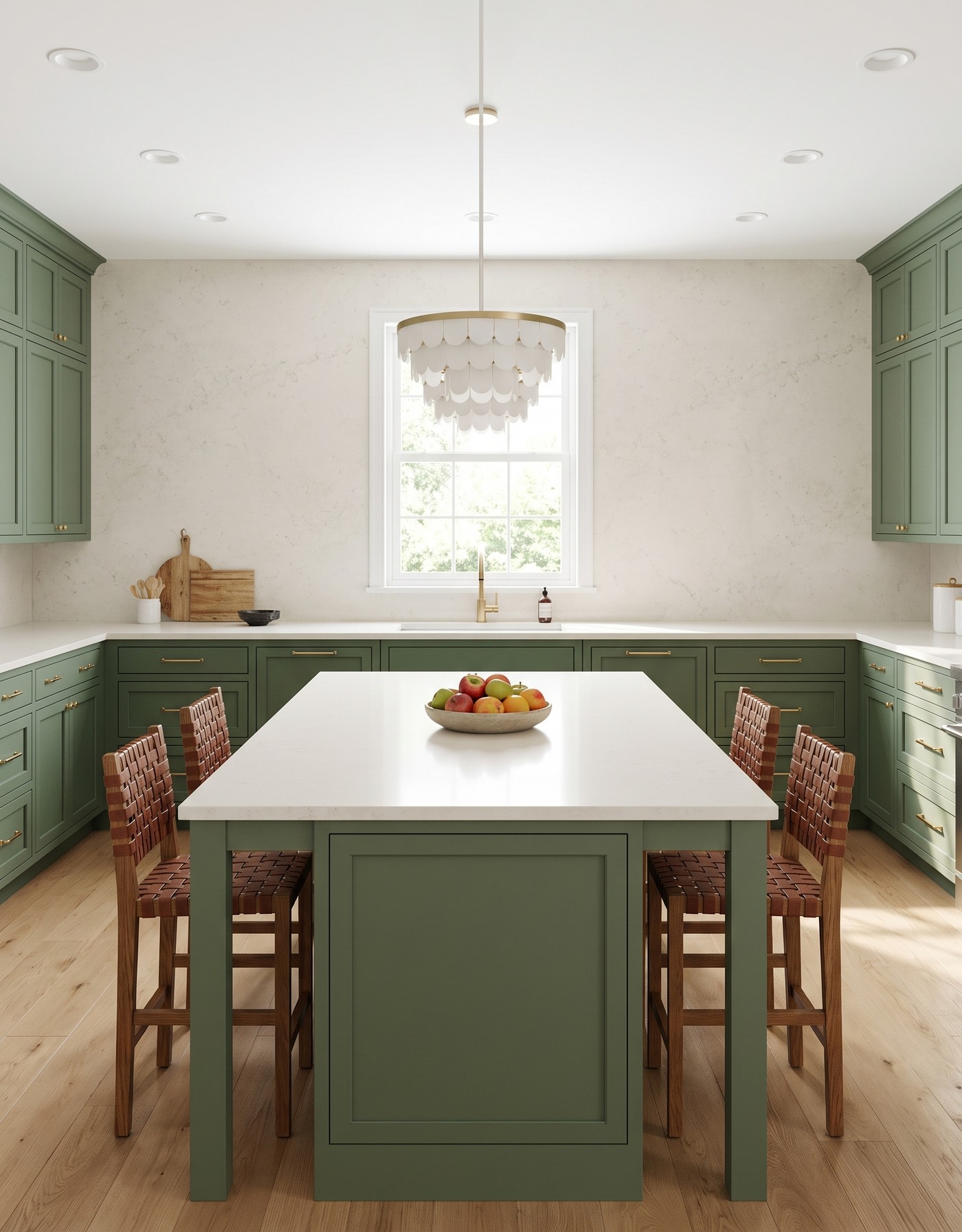 AI-created concept: Pale wood planks beneath green kitchen cabinets and a white-topped island with woven stools and an ivory pendant.