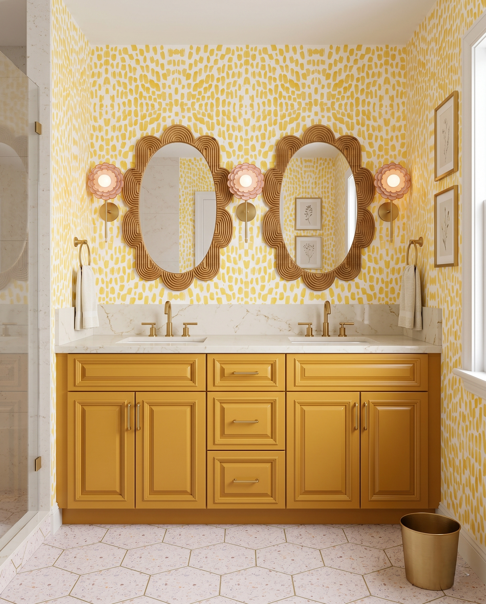 Ochre double vanity with yellow marked wallpaper, large scalloped wood mirrors, pink flower-shaped lights and pale hexagonal flooring.