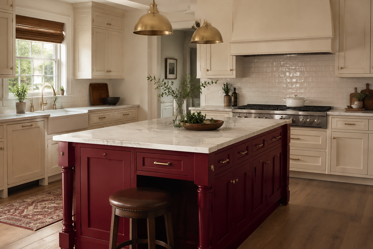 Oxblood red island centered in a warm cream kitchen with quiet perimeter cabinets.