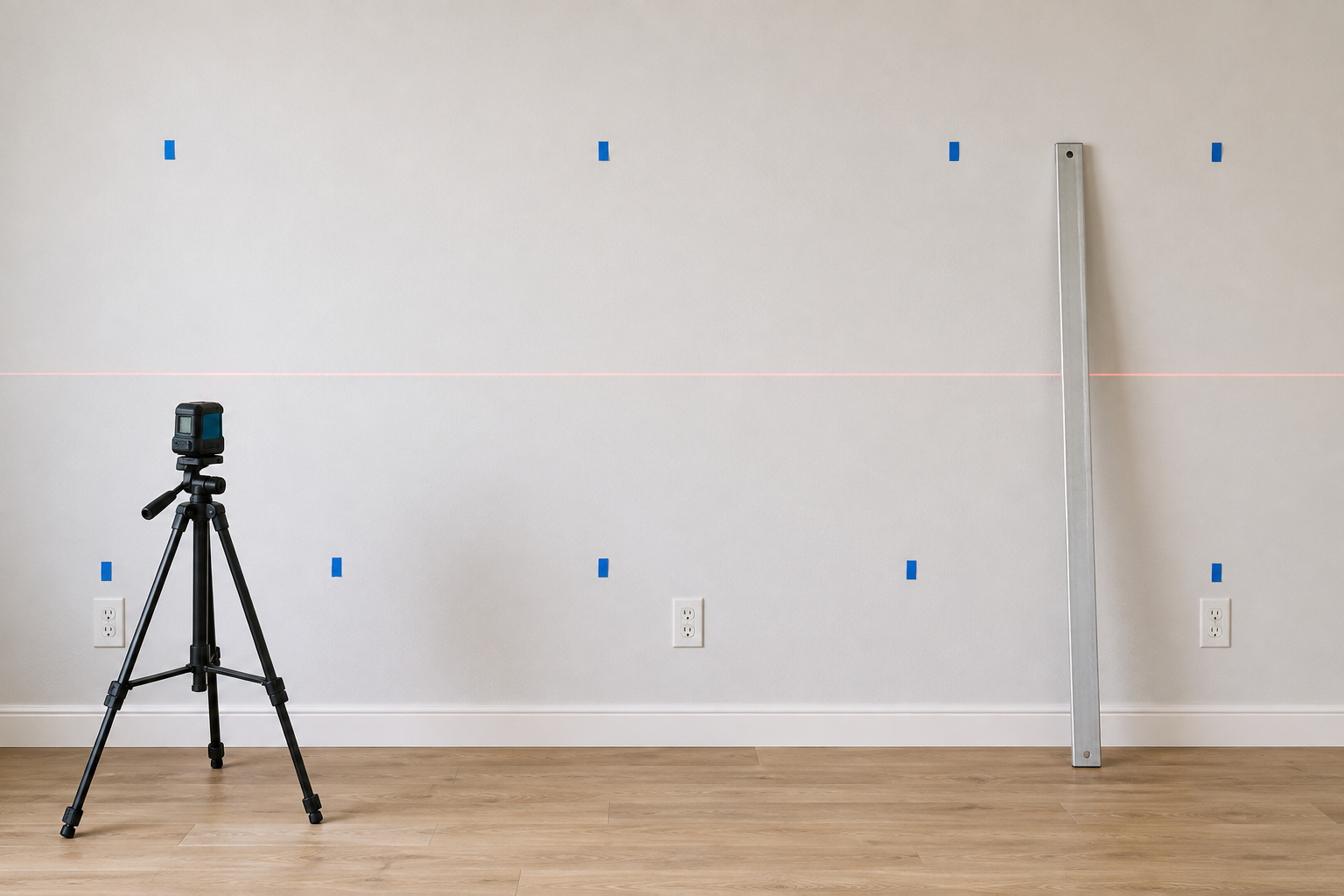 Straight empty kitchen wall with small painter's-tape reference marks, one horizontal laser line, a stable tripod laser, and a long straightedge.