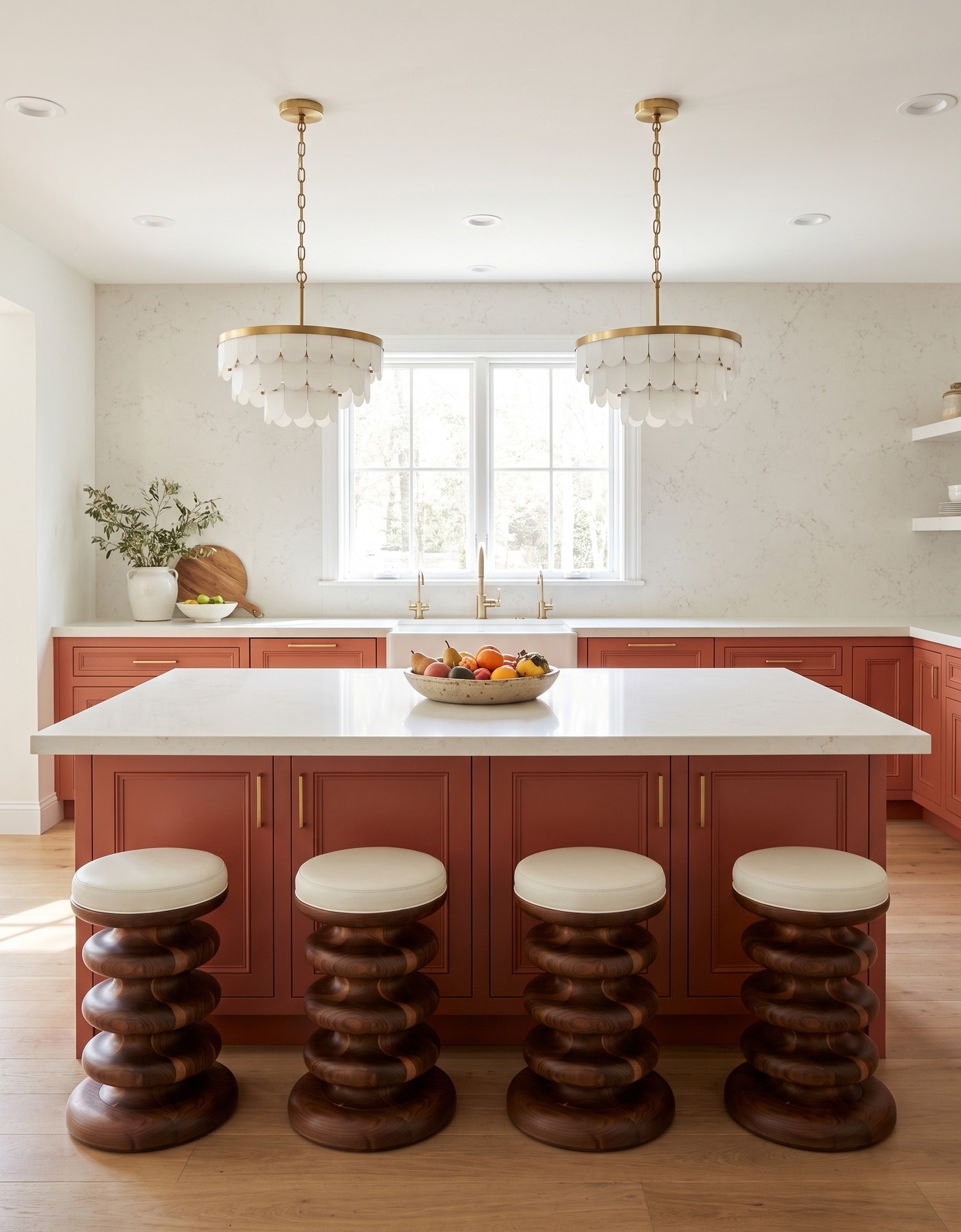 AI-created concept: Soft tan planks beneath burnt-orange kitchen cabinets, pale counters and sculptural wooden stools.
