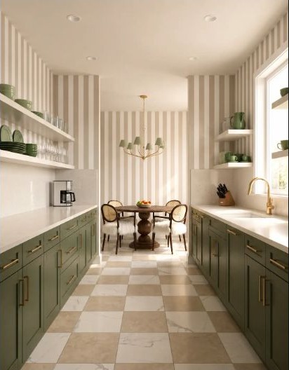 A dark green galley kitchen balanced by warm beige checks and lighter surfaces.