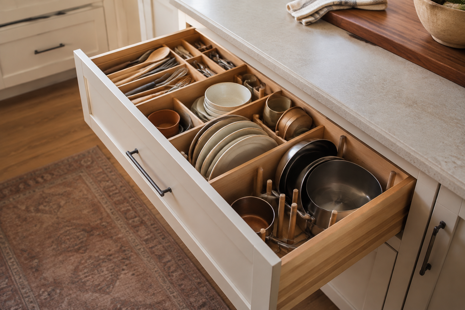 Wide kitchen drawers divided into calm zones for utensils, dishes, and cookware.