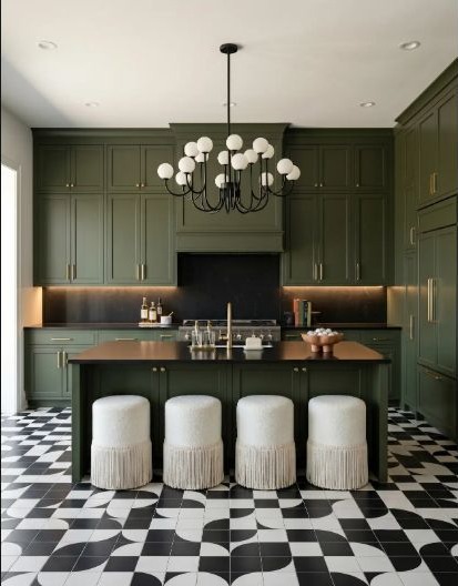 Dark green kitchen cabinetry set against a high-contrast patterned floor.