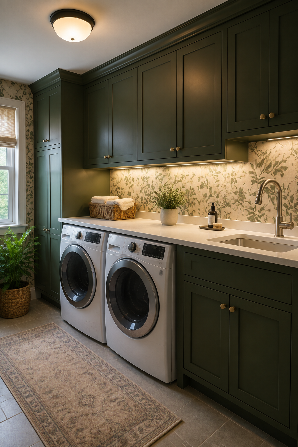 Deep green laundry cabinetry with white folding and sink surfaces, botanical walls, and warm under-cabinet task lighting.