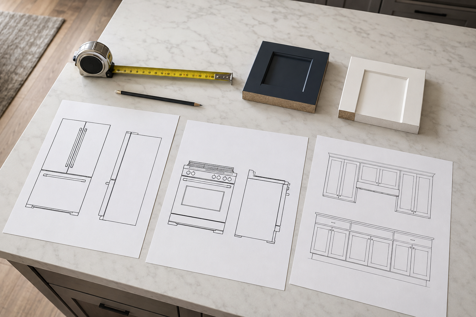 Separate refrigerator, range, and straight cabinet-elevation drawings arranged with a tape measure, pencil, and two solid finished-end samples.