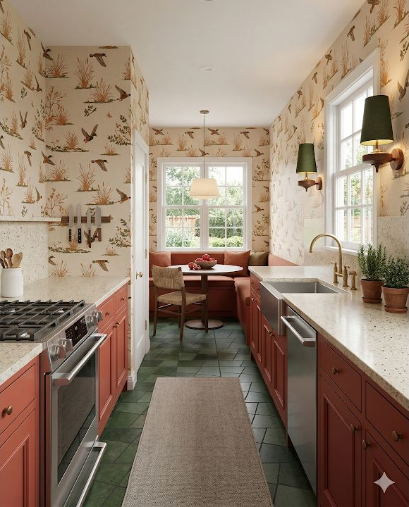 Concept image of a rust and green galley kitchen with green tile flooring, a long neutral runner, and bird-patterned walls.