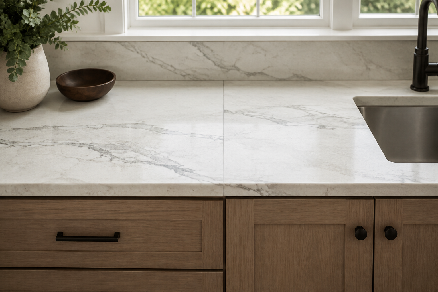 Long straight pale-stone countertop with a subtle seam aligned over a cabinet partition and positioned away from the sink cutout.