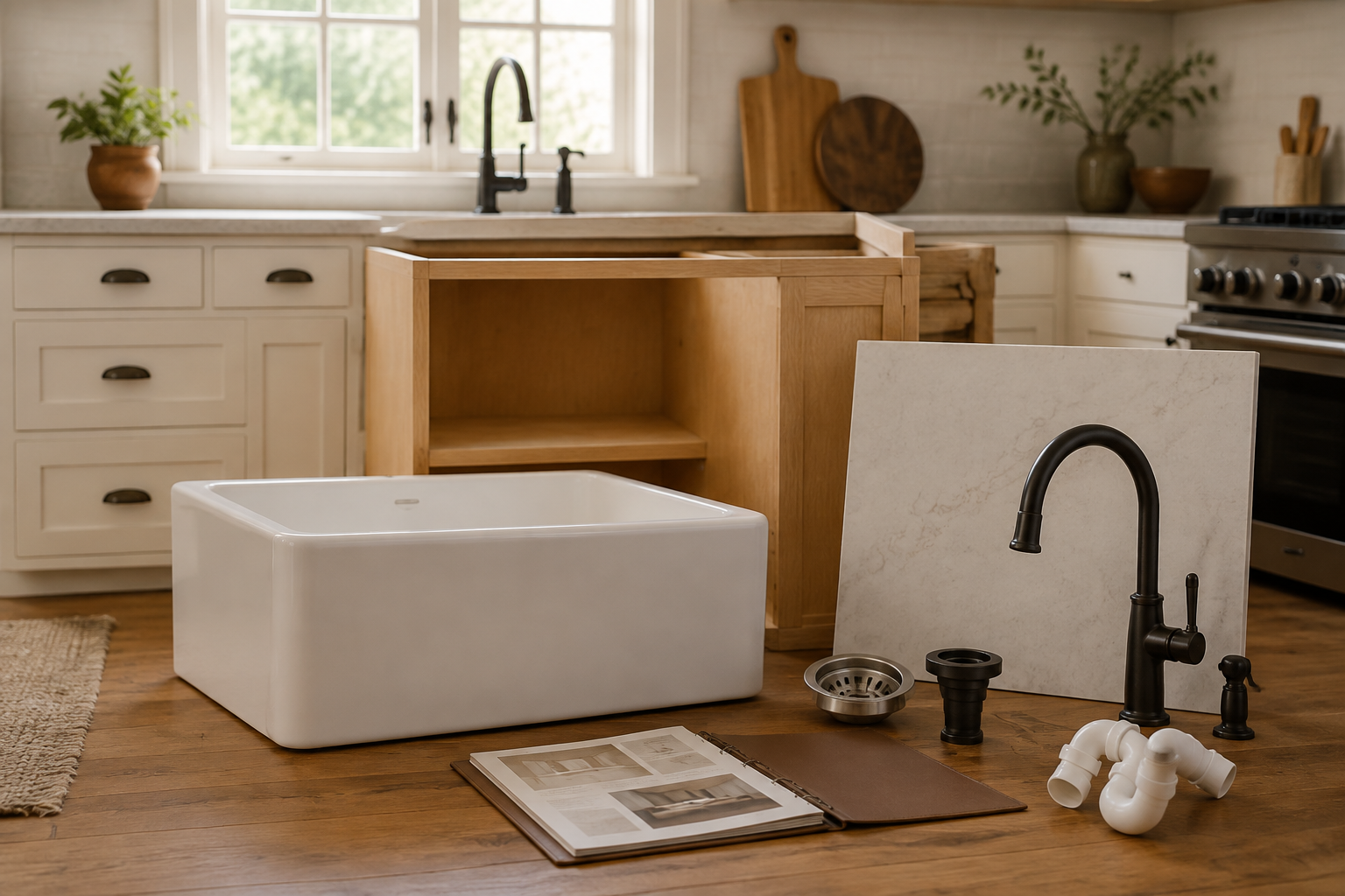 Unbranded kitchen sink beside blank specification pages and an open sink cabinet ready for coordination.