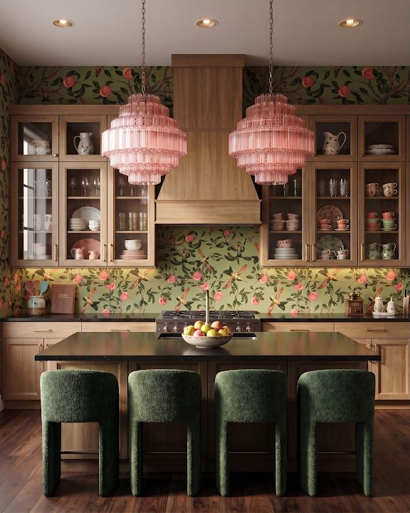 Concept image of a kitchen with dark wood cabinetry, pink and green floral pattern, scalloped pink pendants, and deep green stools.