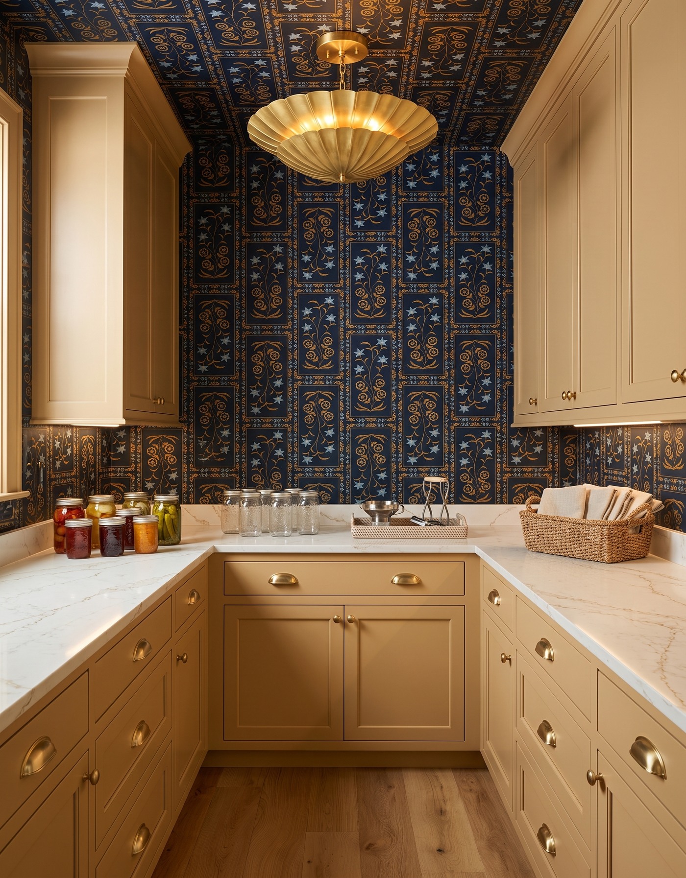 AI-created concept: Golden pantry cabinetry framed by dark botanical wallpaper, with pale counters, grouped jars and a gold scalloped light.