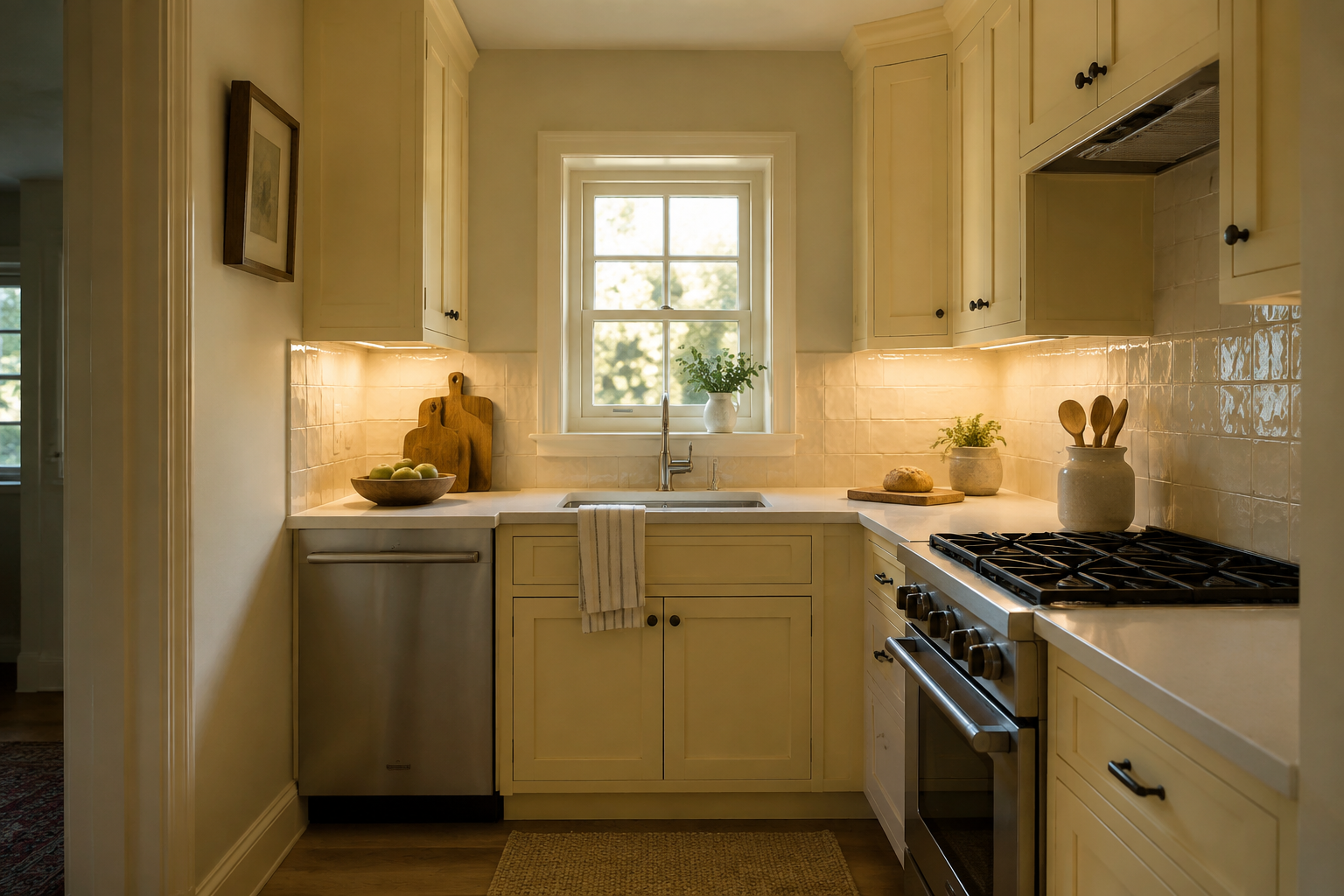 Compact straw-yellow kitchen with light counters, a reflective backsplash, and warm task lighting.