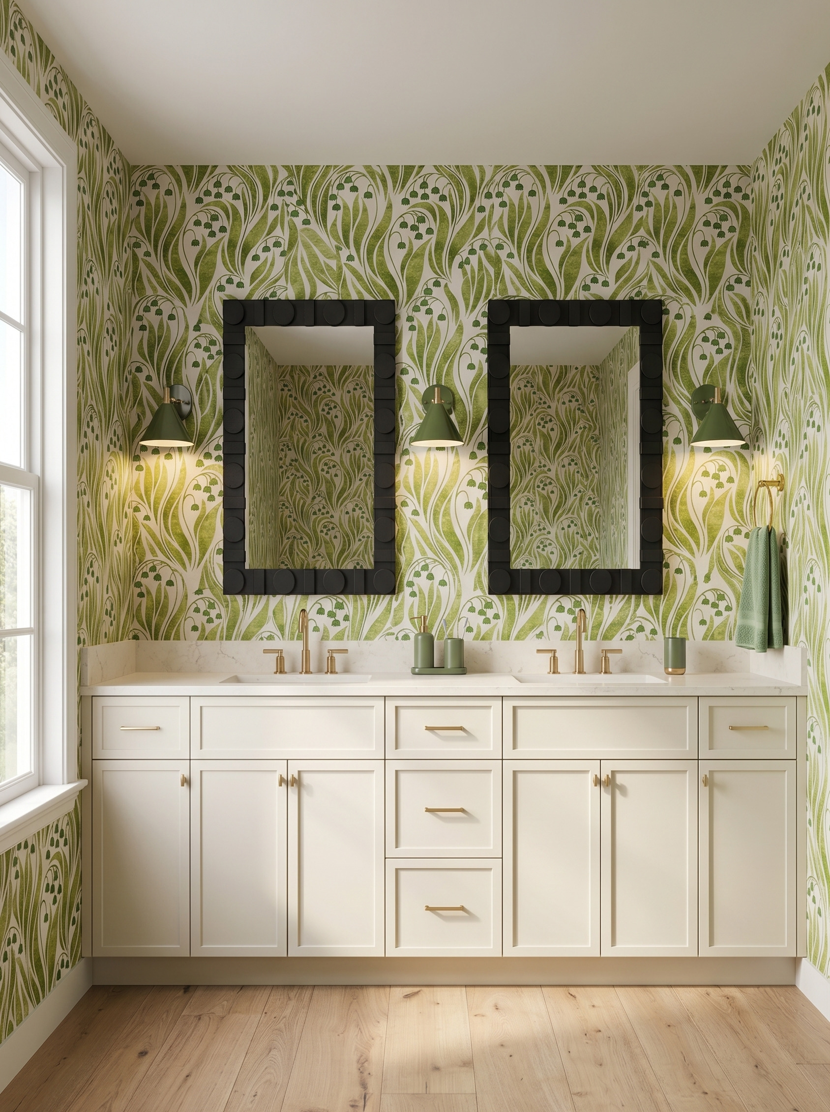 Cream double vanity against green botanical wallpaper, with bold rectangular black mirrors, green sconces and a pale wood floor.