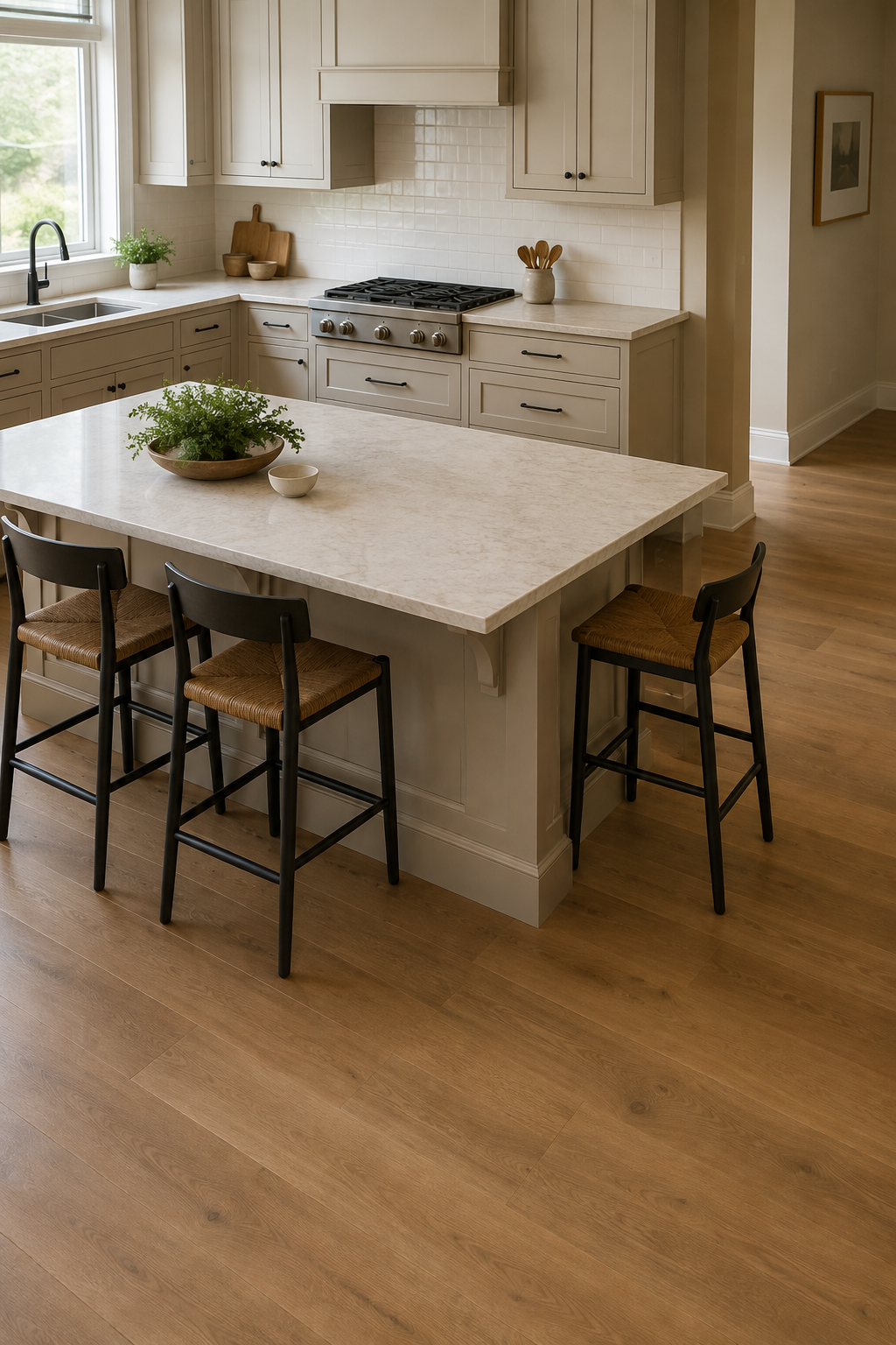 Neutral kitchen island with two stools along one side, one stool at the end, an open shared corner, and clear traffic space beyond.