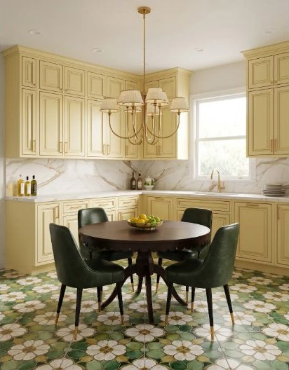 A yellow-and-green kitchen showing cabinet door style across a full room.