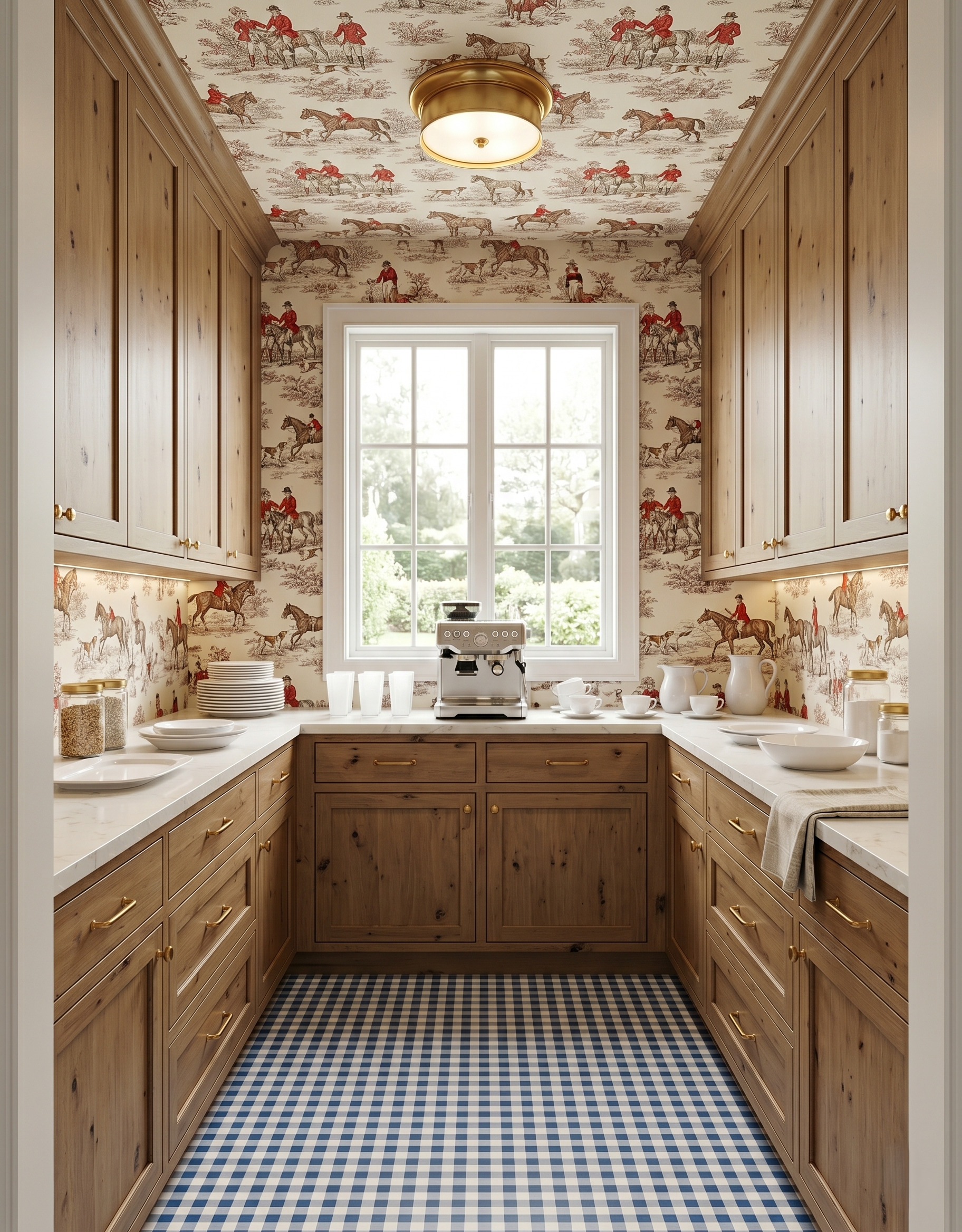 Natural-wood U-shaped pantry with red equestrian toile across the ceiling and walls, white tableware and a blue-and-cream checked floor.