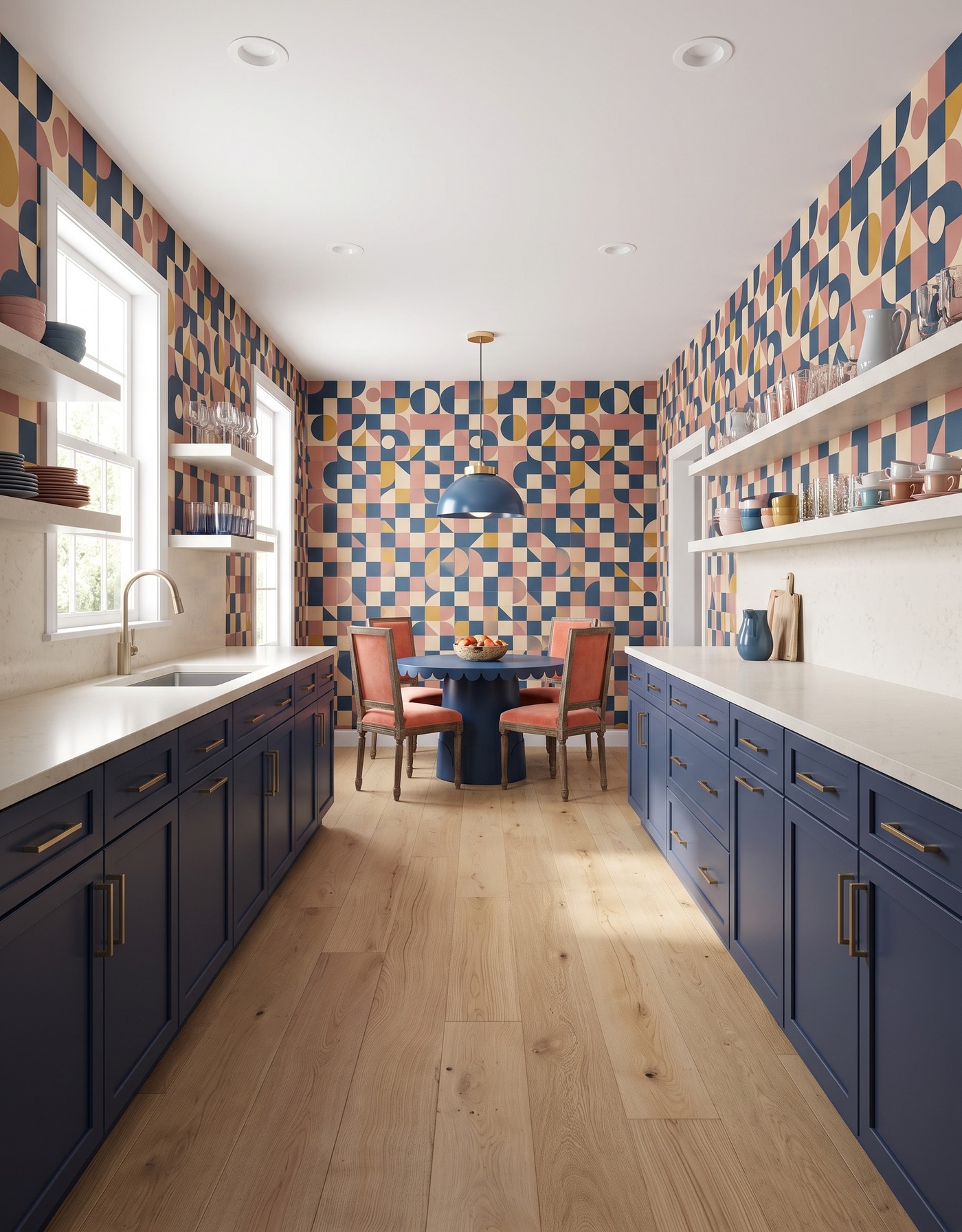 AI-created concept: Navy galley breakfast nook with geometric wallpaper, coral chairs and a blue scalloped table.