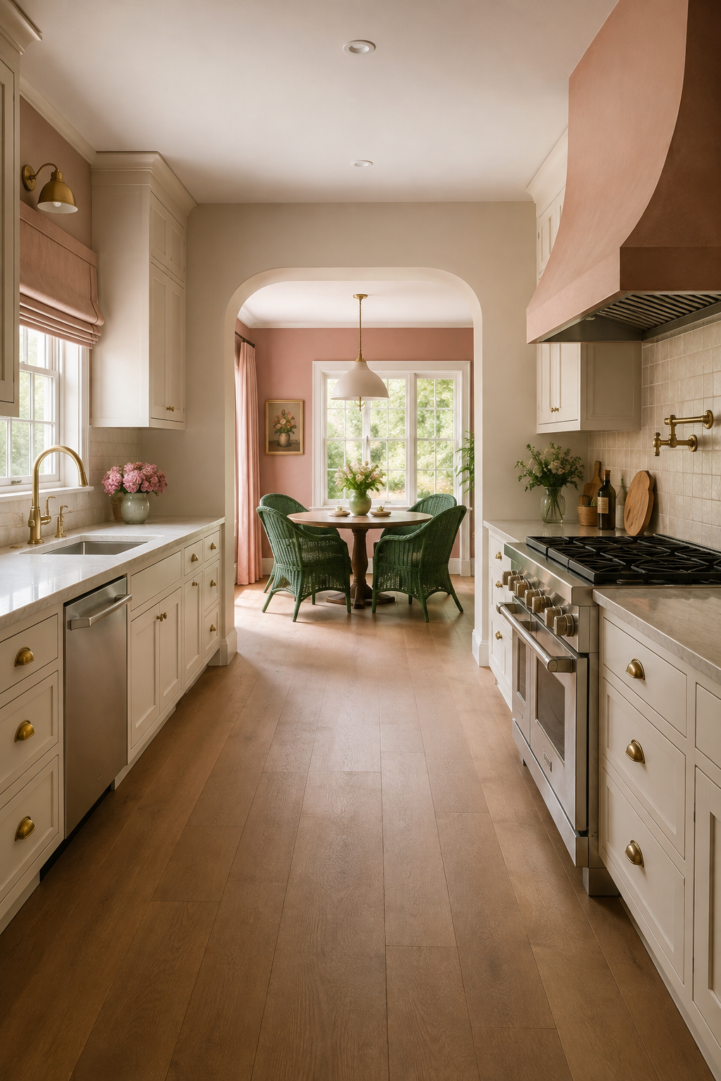 A cream kitchen with dusty-pink accents and green wicker dining chairs in an alcove beyond the work zone.