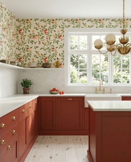 A styled tomato-red kitchen with mostly empty counters.