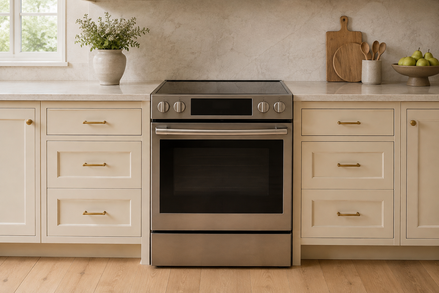 Installed front-control range fitting squarely between two straight cabinet runs with even non-contacting side gaps.