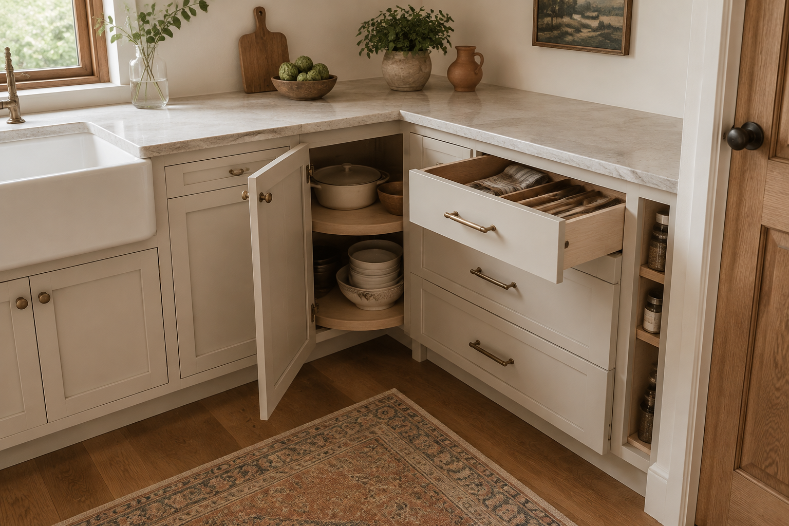 L-shaped cabinet run with a corner cabinet, wall return, and visible filler allowing doors and drawers to open.