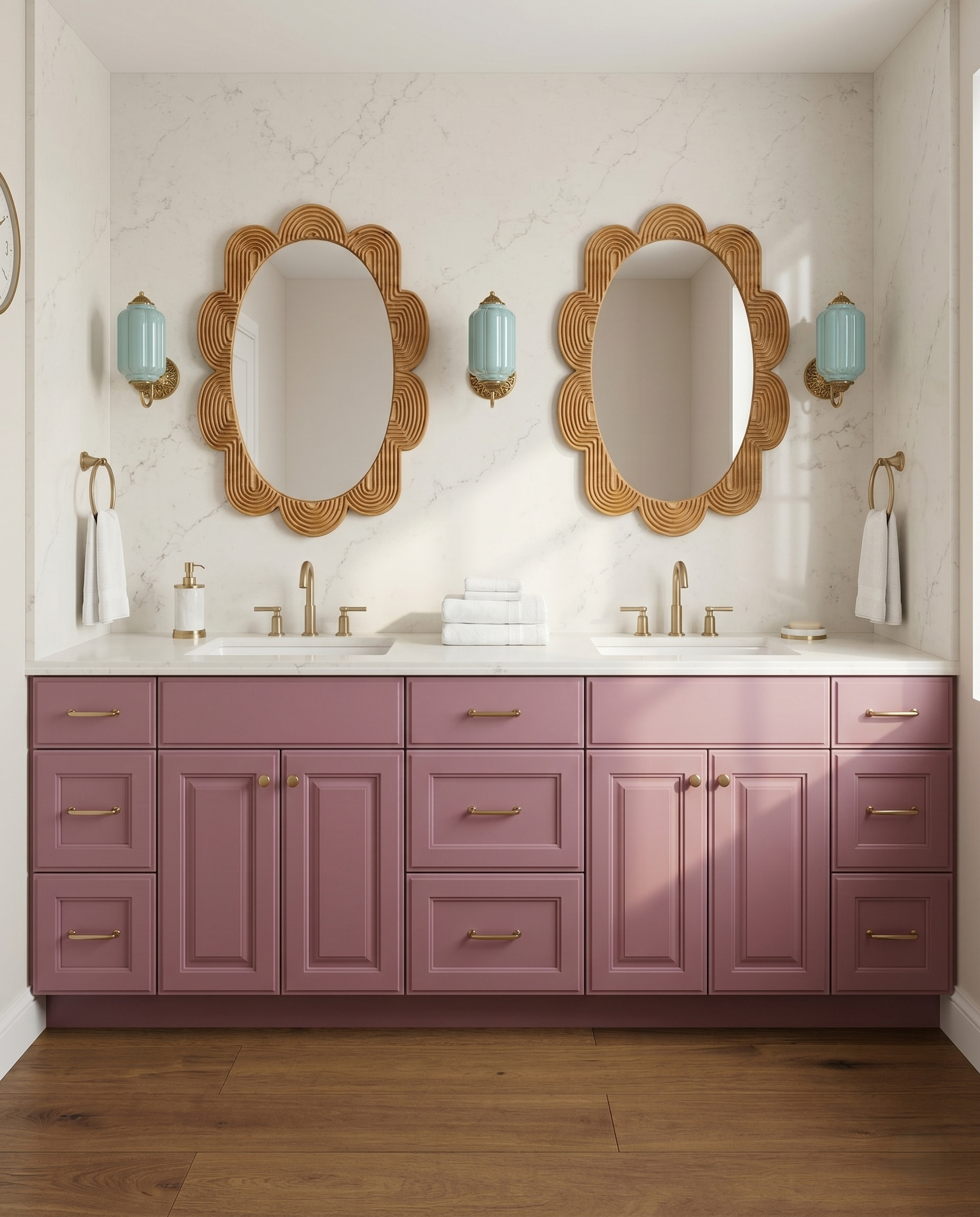 Scalloped woven-look mirrors and pale-aqua ribbed glass sconces above a muted mauve vanity and pale slab backsplash.