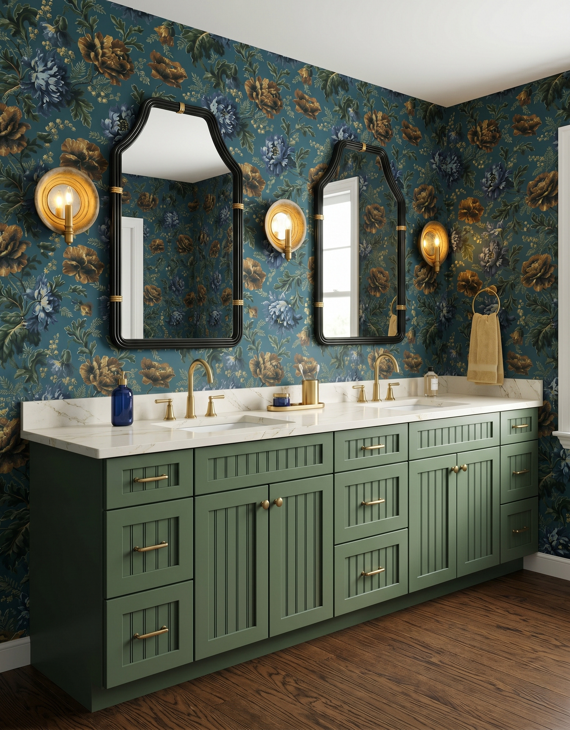 Muted green paneled double vanity below large blue-green floral wallpaper, tall black framed mirrors and warm gold sconces.