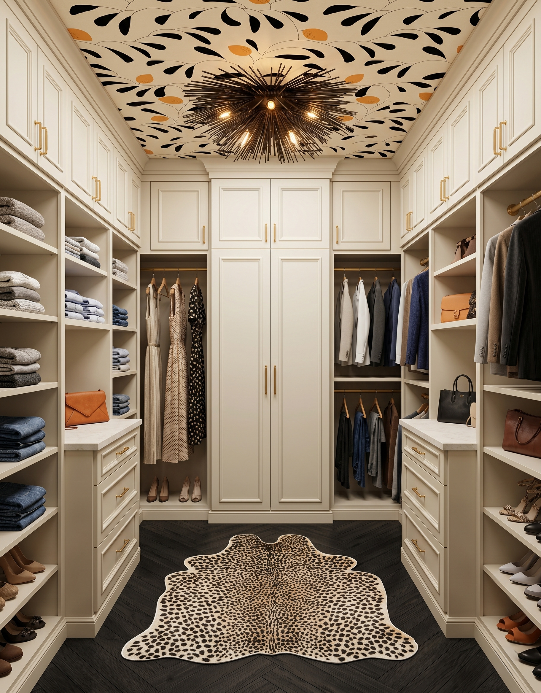 Cream U-shaped closet with black-and-ochre botanical ceiling wallpaper, a black spiked light and an animal-patterned rug over a dark herringbone floor.
