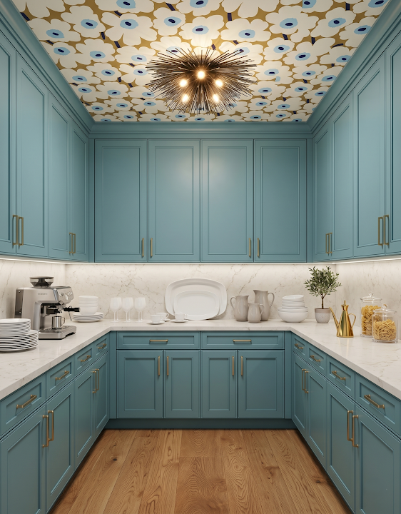 Concept image of a bright blue walk-in pantry with cabinetry wrapping the back wall beneath a patterned ceiling.