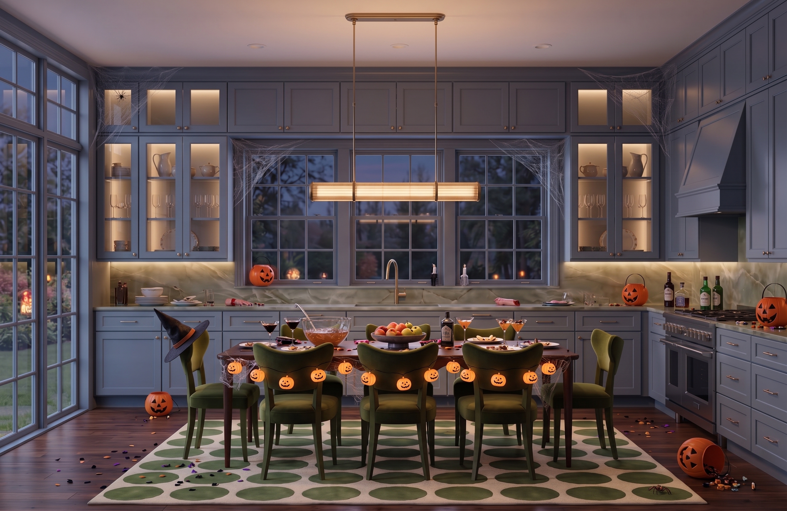 Smoky-blue eat-in kitchen with olive dining chairs, a rectangular wood table and a glowing pumpkin garland at dusk.
