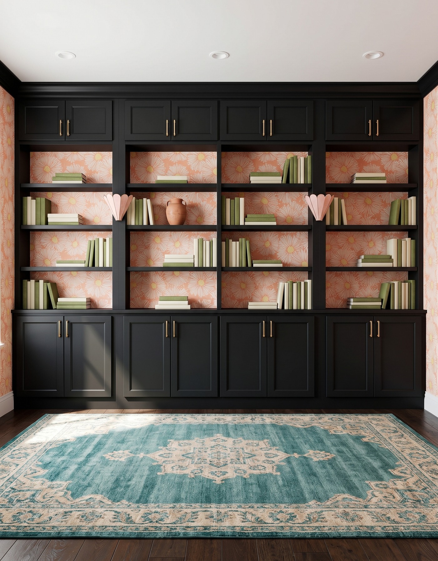 Library with charcoal-black framed cabinets, peach-and-ivory daisy wallpaper, dark brown wood floor, teal-and-cream ornamental rug, blush shell sconces and moss-and-cream books.