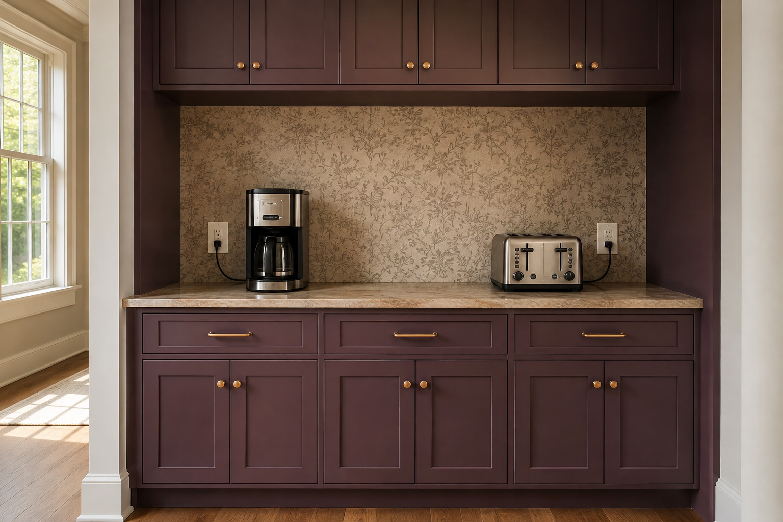A coffee maker and toaster sit on a clear burgundy pantry counter with separate reachable outlets and complete cabinetry above and below.