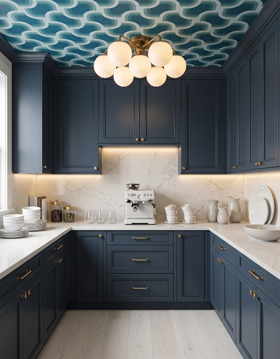 Concept image of a navy pantry with pale counters, a blue scalloped ceiling, and a sculptural white pendant.