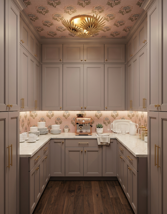 Concept image of a taupe pantry with closed upper cabinets, lavender botanical accents, pale counters, and dark flooring.