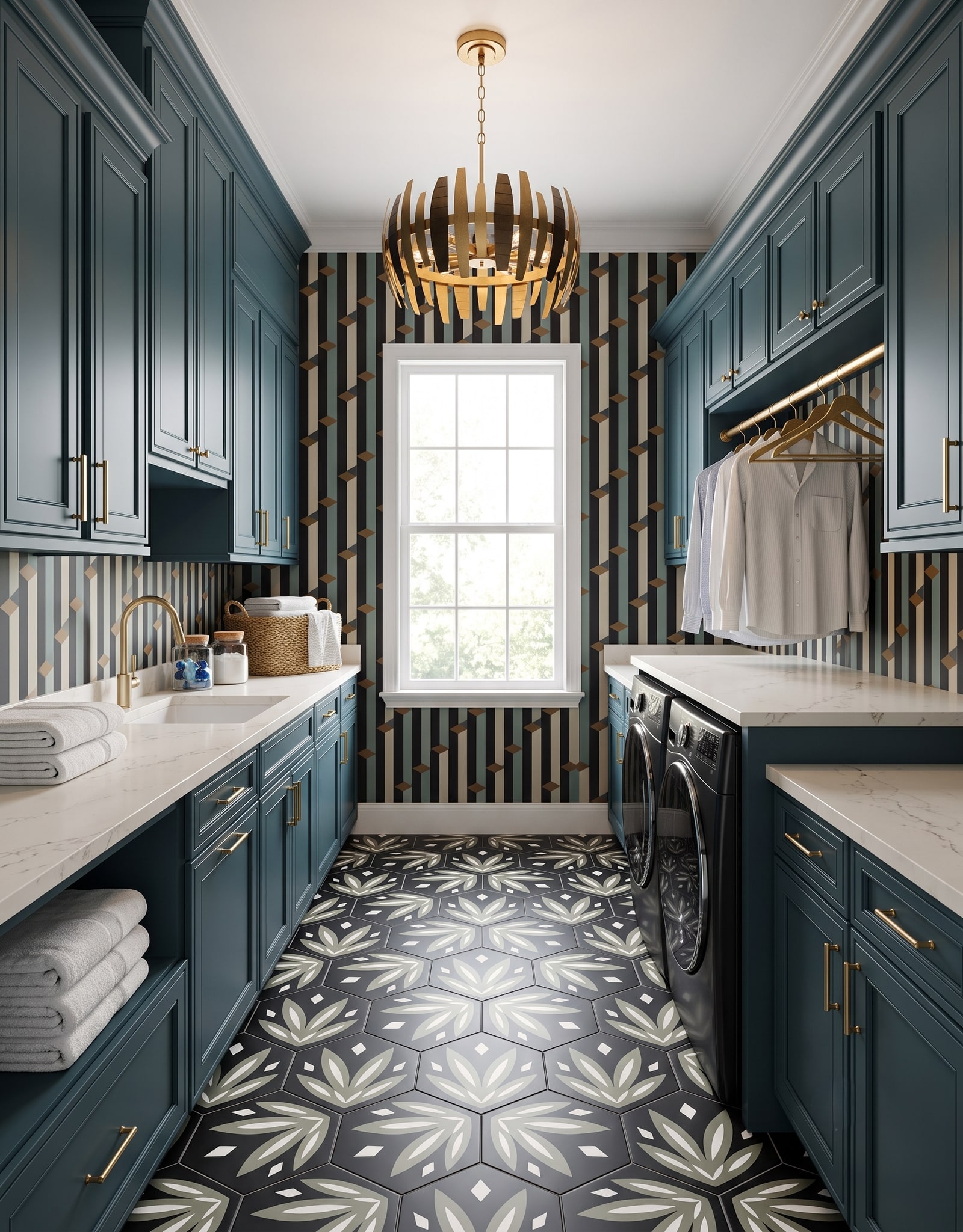A smokey-teal galley laundry room with a front-load pair under a counter, a sink opposite, closed cabinets, a hanging rod, and a clear aisle.