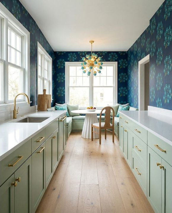Concept image of a pale green galley kitchen with teal patterned walls, a small sculptural ceiling light, and a wood floor.