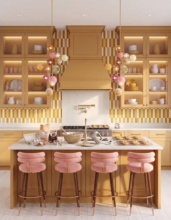 Concept image of a warm wood kitchen with a large island, a group of pink pendant lights, and tall storage walls.
