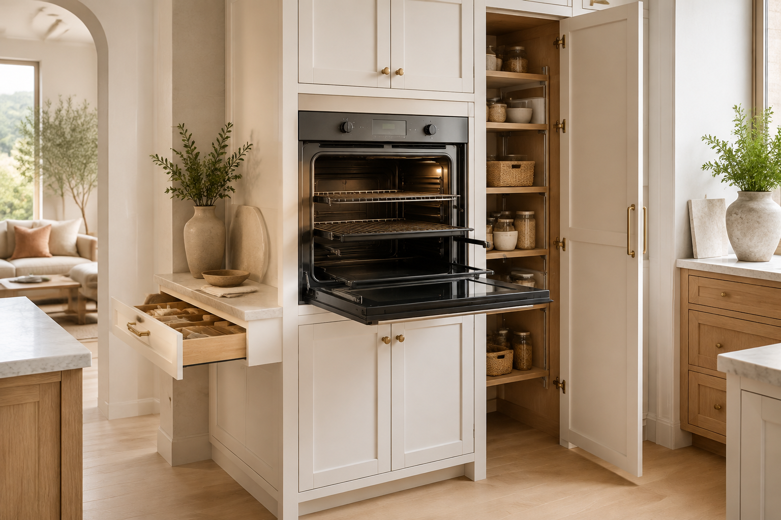 Open wall oven, adjacent pantry door, and side drawer shown with clear separation and no collision.