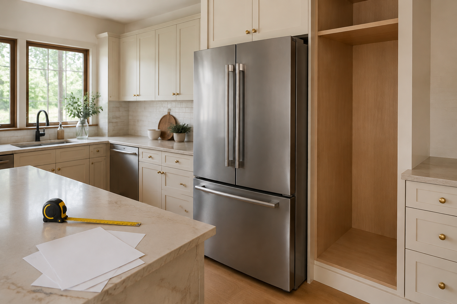 Unbranded refrigerator beside its intended cabinet area with a tape measure and blank planning sheets.