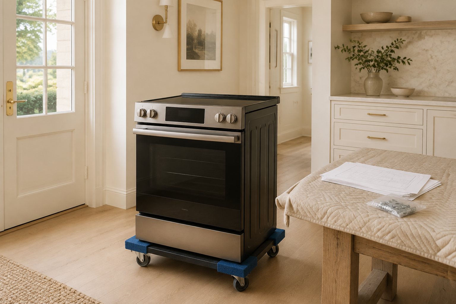 Unbranded slide-in range protected on an appliance dolly beside blank product-planning sheets and supplied hardware.